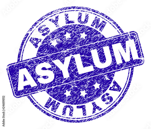 ASYLUM stamp seal watermark with grunge style. Designed with rounded rectangle and circles. Blue vector rubber watermark of ASYLUM tag with retro style.