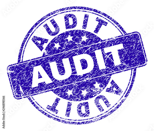 AUDIT stamp seal imprint with distress style. Designed with rounded rectangle and circles. Blue vector rubber print of AUDIT text with scratched style.