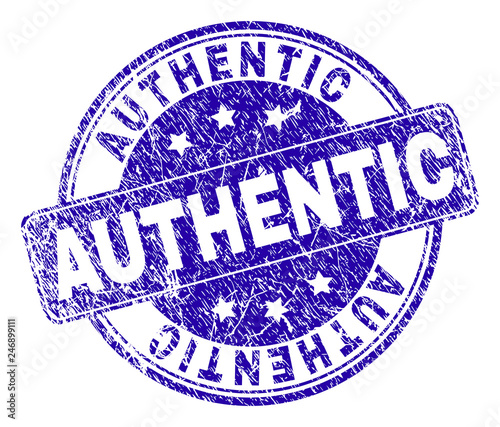 AUTHENTIC stamp seal imprint with distress style. Designed with rounded rectangle and circles. Blue vector rubber print of AUTHENTIC text with grunge style.