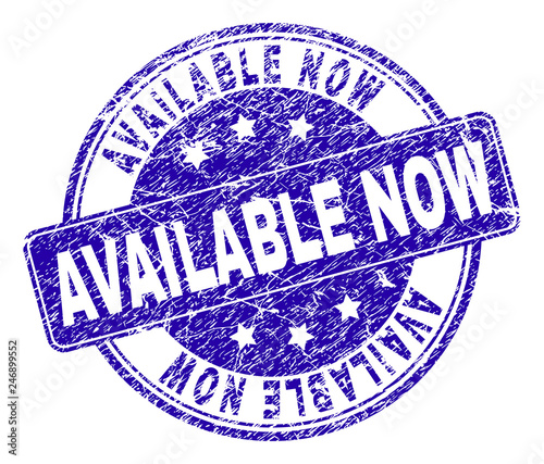 AVAILABLE NOW stamp seal watermark with distress texture. Designed with rounded rectangle and circles. Blue vector rubber watermark of AVAILABLE NOW label with unclean texture.