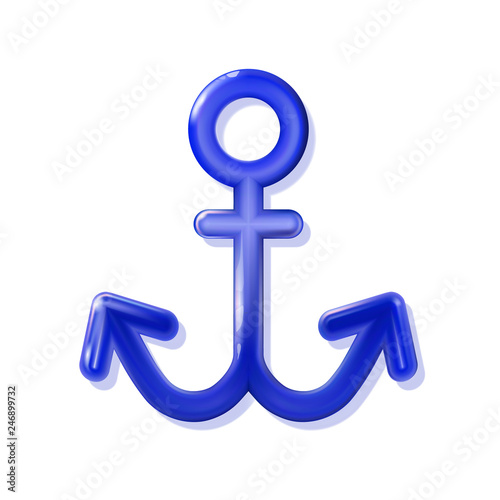 Nautical Anchor glossy 3d blue, rounded plastic realistic toy. Modern decor vector isolated icon. Ship equipment illustration for marine and heraldry design. Design shiny sea way concept.
