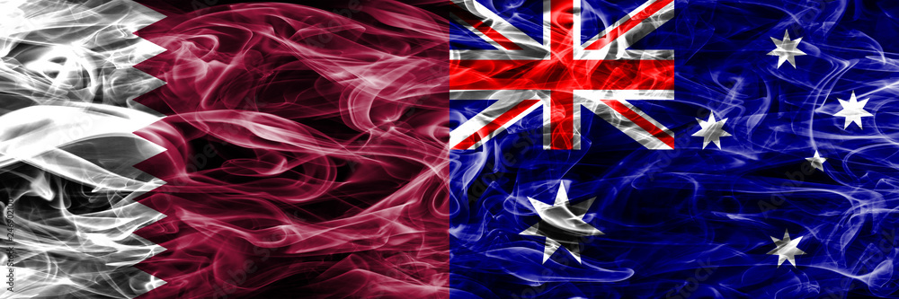 Obraz premium Qatar vs Australia, Australian smoke flags placed side by side. United Arab Emirates. UAE.