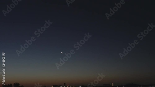 Tokyo,Japan-February 2, 2019: (from left) Saturn, the Moon, Venus, Jupiter and Scorpio at daybreak 
