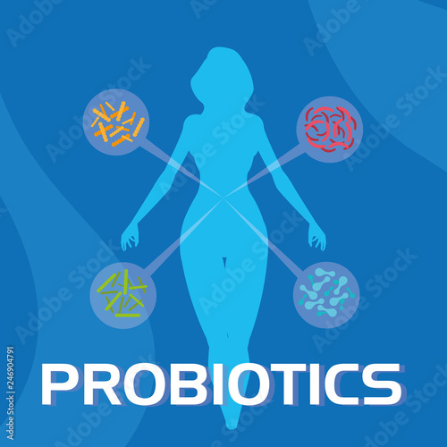 body of woman with probiotics organisms