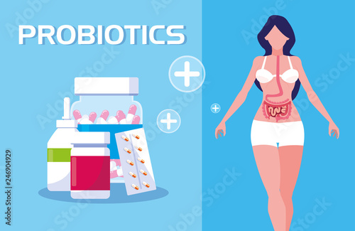 body of woman with medicines probiotics