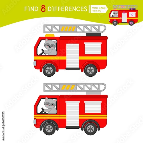 Find differences.  Educational game for children. Cartoon vector illustration of fire engine.