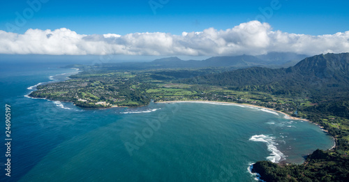 Aerial view of Hanalei Bay and Princeville on hawaiian island of Kauai from helicopter flight