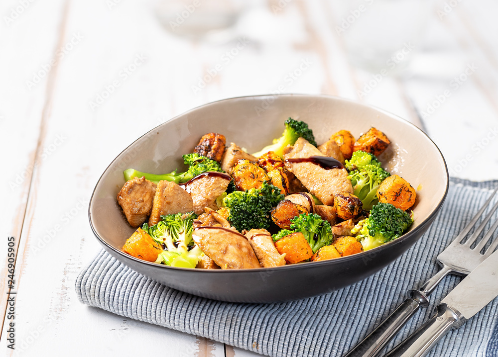 Close up of healthy salad with chiken and broccoli Close up of healthy salad with chiken and broccoli