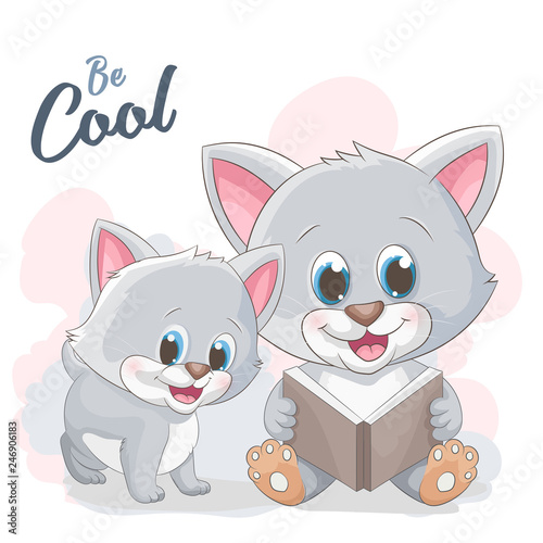 Cute cartoon cat in a hat and a floral bandanna