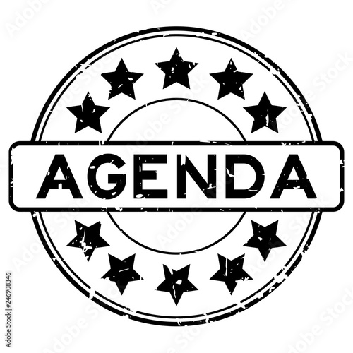 Grunge black agenda word with star icon rubber seal stamp on white background