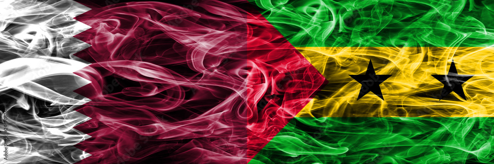 Fototapeta premium Qatar vs Sao Tome and Principe smoke flags placed side by side. United Arab Emirates. UAE.