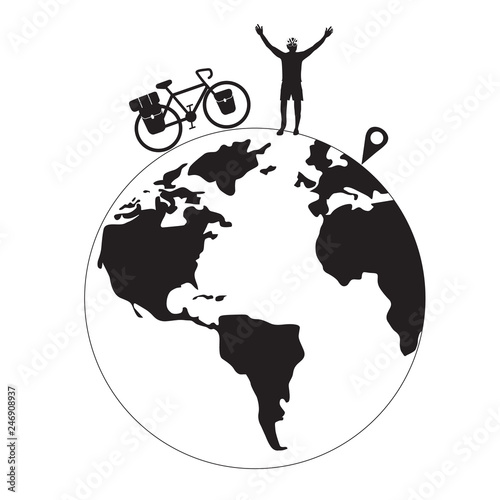 Cyclist raising his hand with bikepacking touring bicycle on earth globe vector