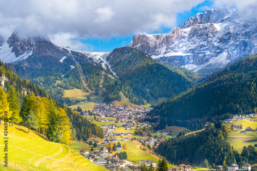 Obraz premium Beautiful landscape of Santa Cristina Val Gardena village in Trentino Alto Adige, Italy