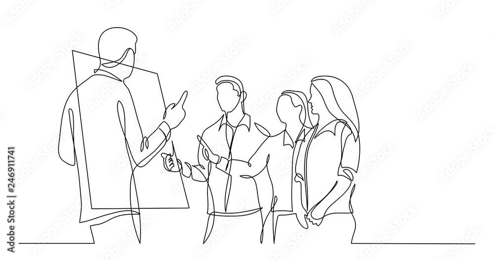 Self drawing line animation of modern startup team members discussing near whiteboard Self drawing line animation of modern startup team members discussing near whiteboard