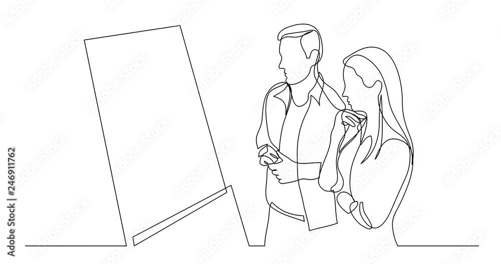 Self drawing line animation of two modern employees thinking watching at whiteboard presentation Self drawing line animation of two modern employees thinking watching at whiteboard presentation