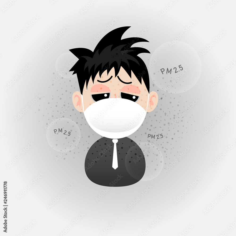 Cartoon man is wearing n95 mask to protect outdoor air pollution. PM 2.5 in dust meter. Cartoon man is wearing n95 mask to protect outdoor air pollution. PM 2.5 in dust meter.