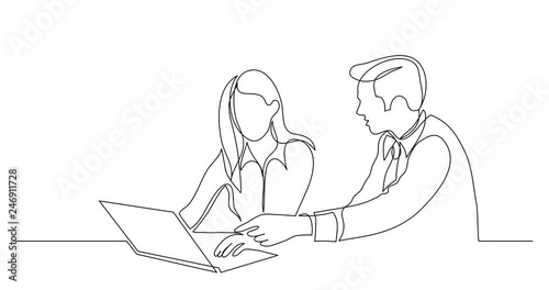Self drawing line animation of manager helping employee pointing at laptop computer