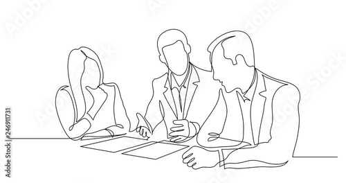 Self drawing line animation of business partners discussing details of work contract