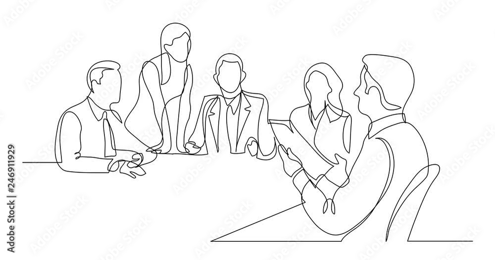 Self drawing line animation of work group talking during business meeting Self drawing line animation of work group talking during business meeting