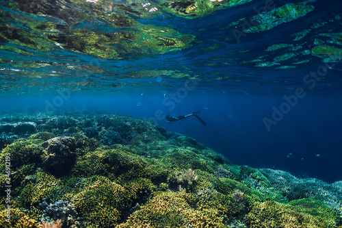 Free diver dive in ocean, underwater view with rocks © artifirsov