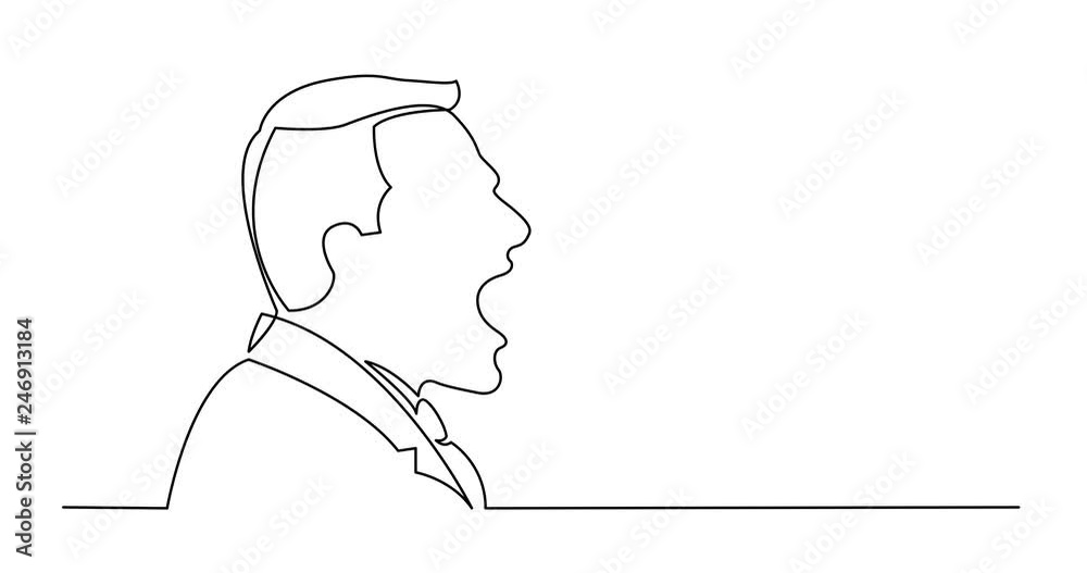 Self drawing line animation of profile portrait of screaming businessman