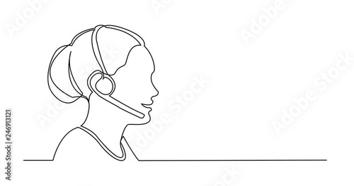 Self drawing line animation of profile portrait of call center woman with headset