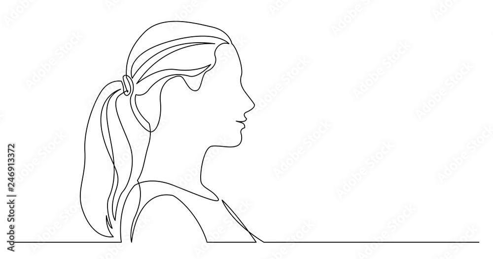 Self drawing line animation of profile portrait of positive young long haired woman