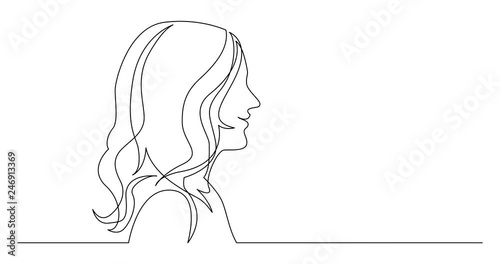 Self drawing line animation of profile portrait of smiling young woman with curly hair