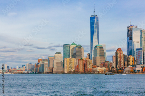 Buildings and skyscrapers of downtown Manhattan over water  in New York City  USA