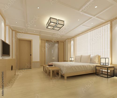 3d rendering beautiful luxury asian bedroom suite in hotel with tv