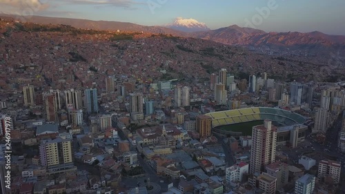 Flight over the city of La Paz at sunset, Bolivia