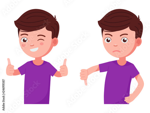 Boy holds his thumb up and down