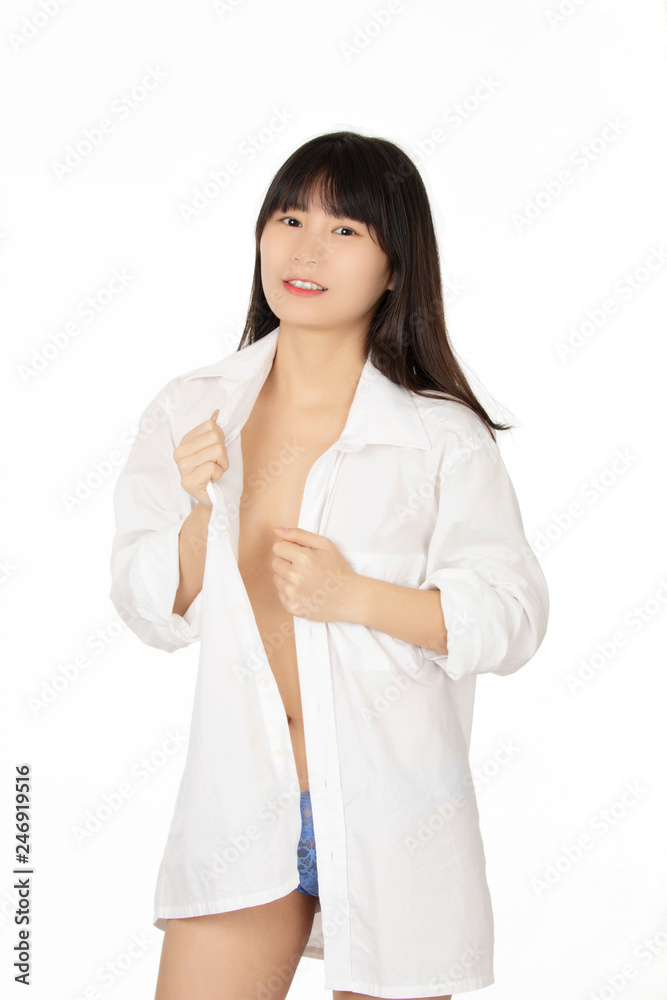 Chinese woman dressed in blue thong isolated on white background Chinese woman dressed in blue thong isolated on white background