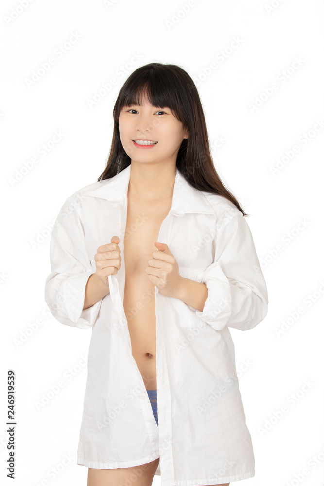 Chinese woman dressed in blue thong isolated on white background Chinese woman dressed in blue thong isolated on white background