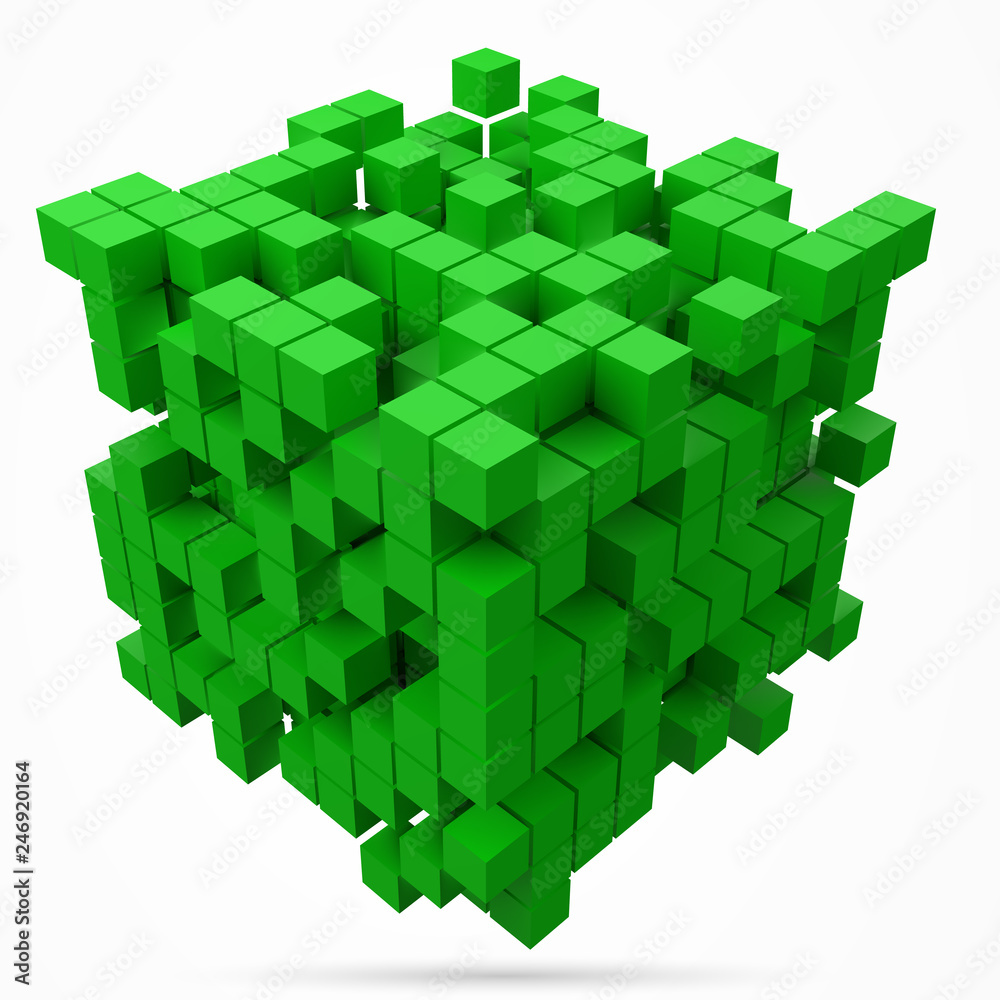 Fototapeta premium big cubic data block. made with smaller green cubes. 3d pixel style vector illustration.