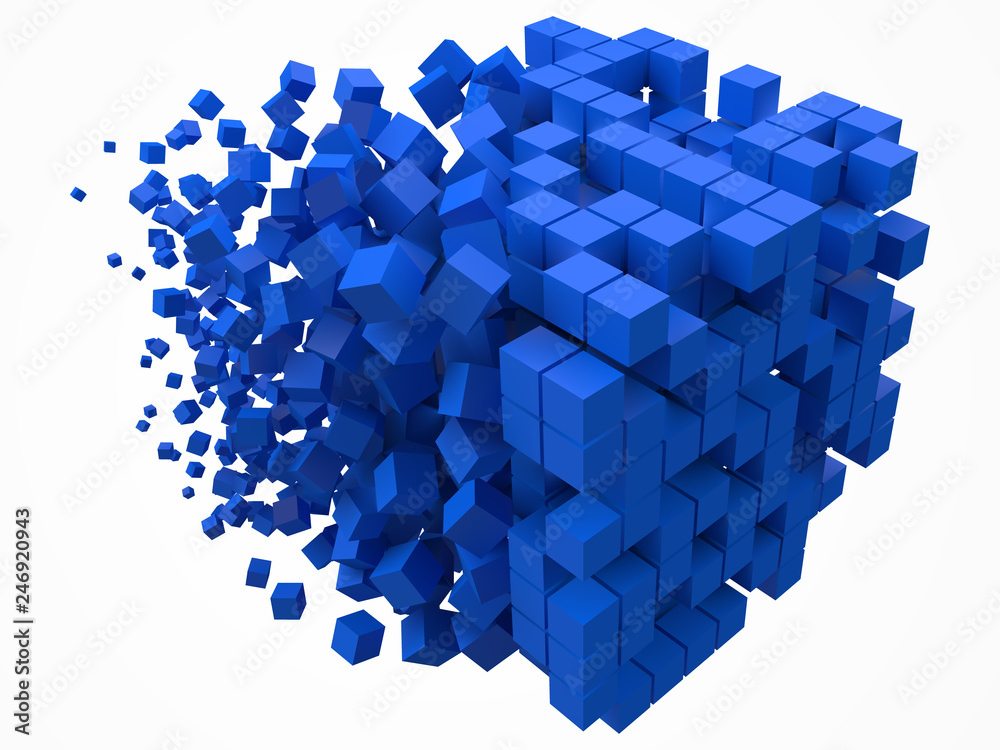 big cubic data block. made with smaller blue cubes. 3d pixel style vector illustration.