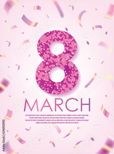 Purple 8 March with Scattered Purple Confettis. International Women's Day Vector Design.
