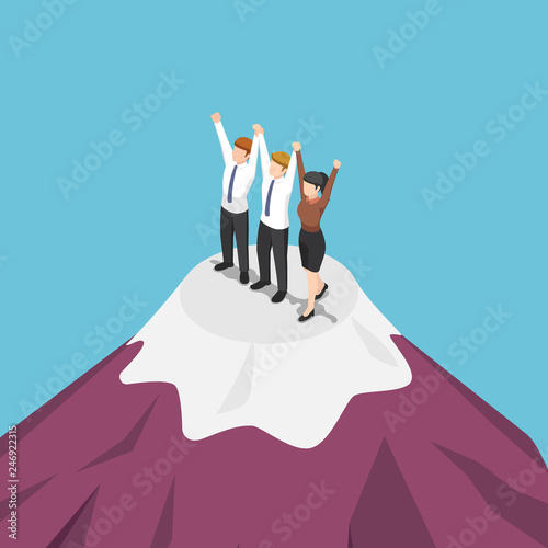 Isometric group of businessman holding hand and celebrating on mountain