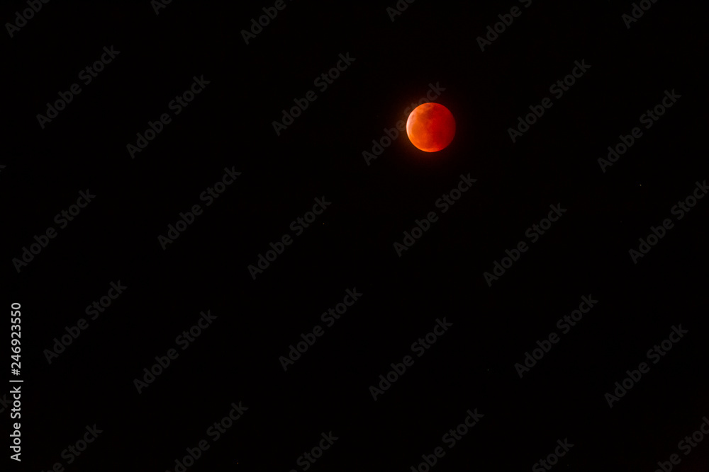 The full Lunar Eclipse in January of 2019 shows the moon in full eclipse and pictures a orangey, red moon glowing in the sky with a section on the edge with whiteish light from the glow of the sun. The full Lunar Eclipse in January of 2019 shows the moon in full eclipse and pictures a orangey, red moon glowing in the sky with a section on the edge with whiteish light from the glow of the sun.