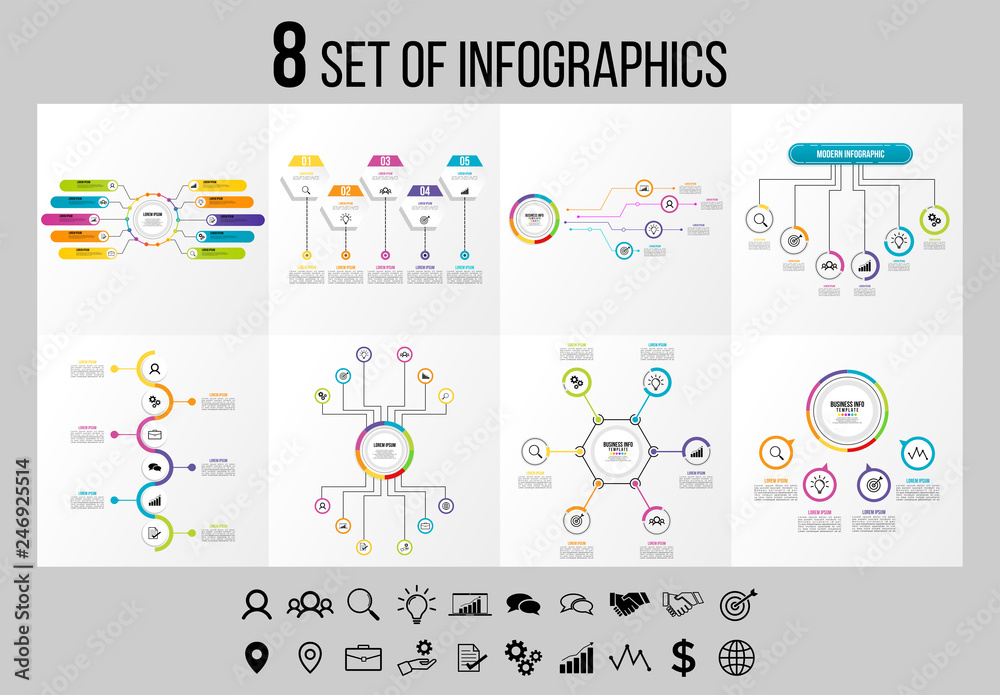 Set 8 Of Infographics Elements Vector Design Template. Business Data Visualization Infographics Timeline with Marketing Icons most useful can be used for workflow, presentation, diagrams, reports Set 8 Of Infographics Elements Vector Design Template. Business Data Visualization Infographics Timeline with Marketing Icons most useful can be used for workflow, presentation, diagrams, reports