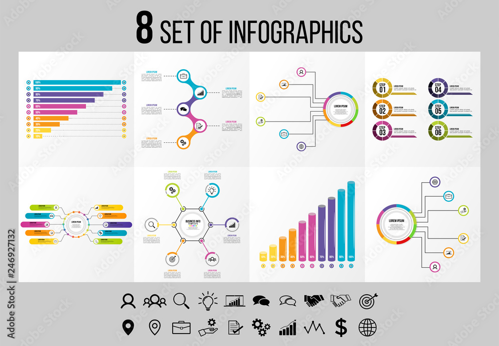 Set 8 Of Infographics Elements Vector Design Template. Business Data Visualization Infographics Timeline with Marketing Icons most useful can be used for workflow, presentation, diagrams, reports Set 8 Of Infographics Elements Vector Design Template. Business Data Visualization Infographics Timeline with Marketing Icons most useful can be used for workflow, presentation, diagrams, reports