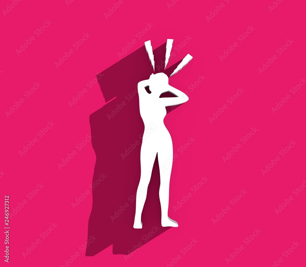 Fototapeta premium Young lady rise her hands to head. Lightings around head. Silhouette of woman suffering from head migraine. Stressed exhausted young woman having strong tension headache. 3D rendering