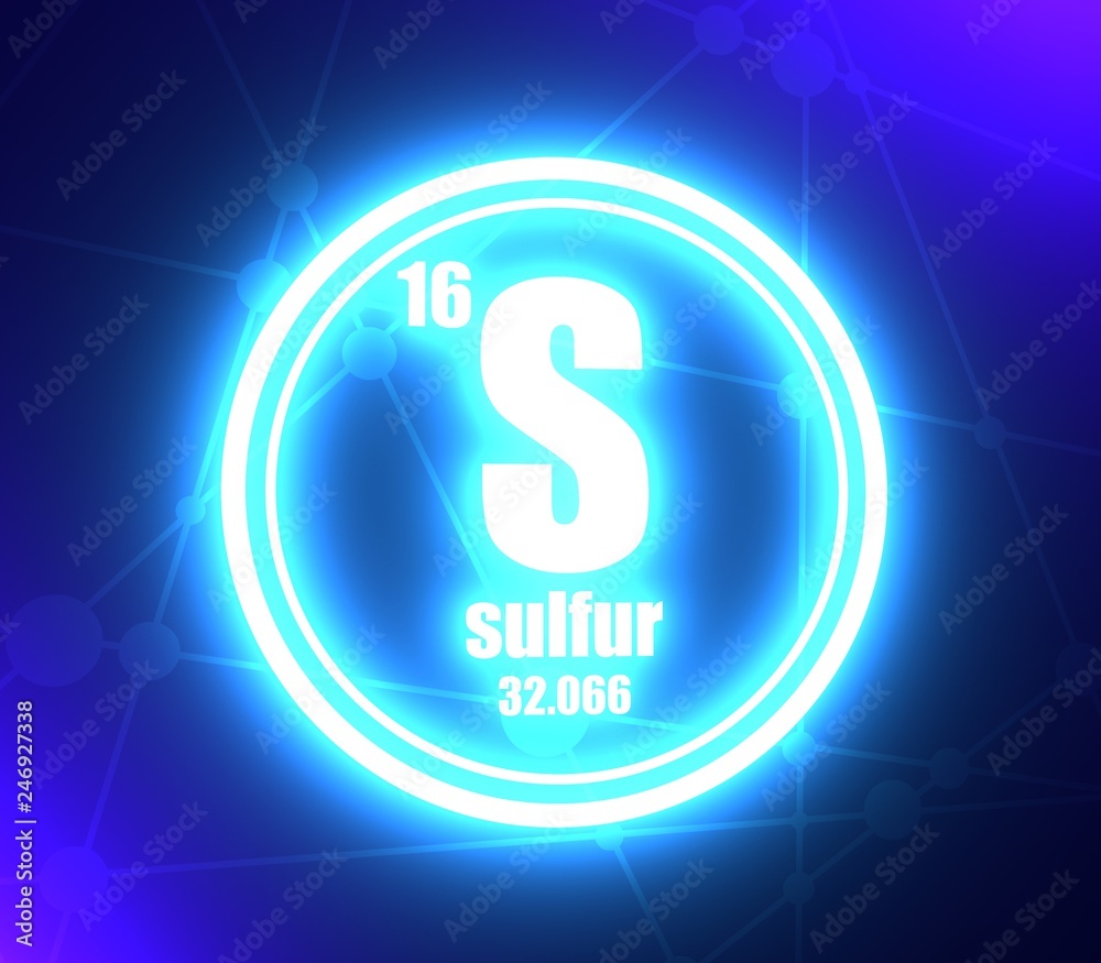 Sulfur chemical element. Sign with atomic number and atomic weight. Chemical element of periodic table. Molecule and communication background. Connected lines with dots. 3D rendering Sulfur chemical element. Sign with atomic number and atomic weight. Chemical element of periodic table. Molecule and communication background. Connected lines with dots. 3D rendering