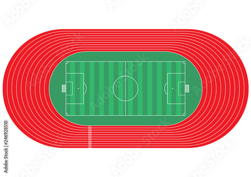 Top view of running track and soccer field on white background