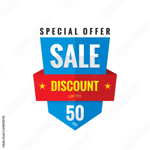 Sale discount up to 50% - concept banner vector illustration. Special offer abstract vertical badge. Promotion layout. Graphic design element. 