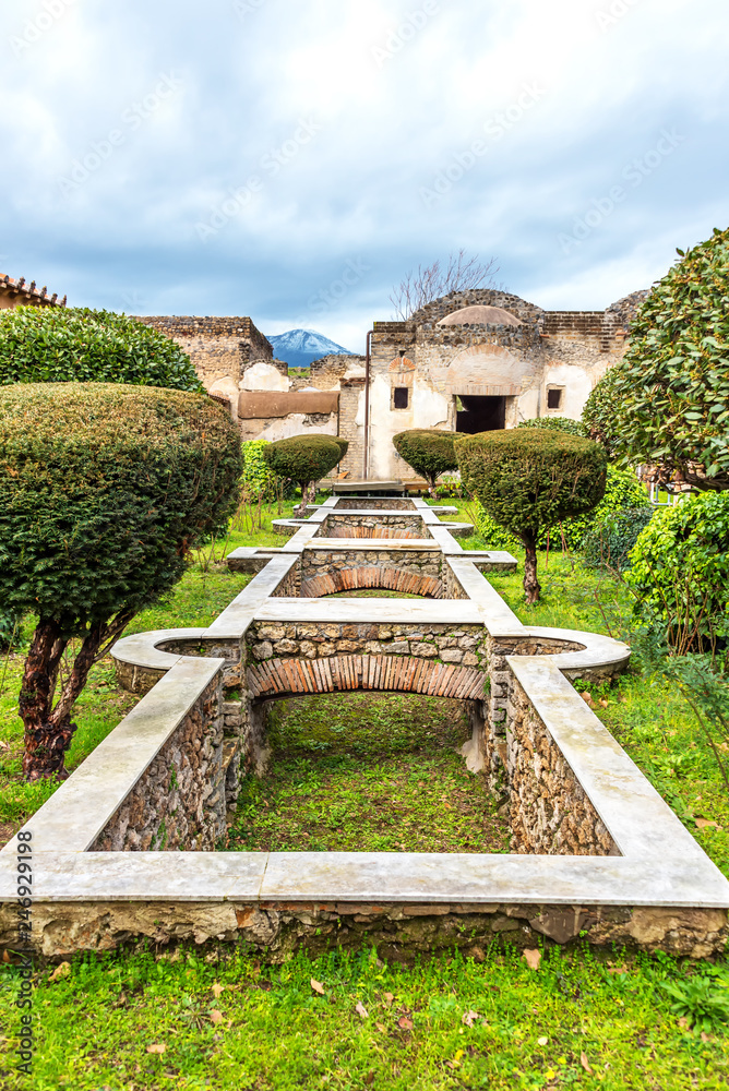 Garden and Mt. Vesuvius in the Ruins of Pompeii Italy