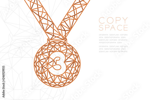 Medal number three shape shape wireframe polygon copper frame structure, Sport winner concept design illustration isolated on black gradient background with copy space, vector eps 10