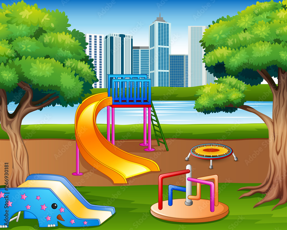 Cartoon urban park kids playground in the nature background Stock