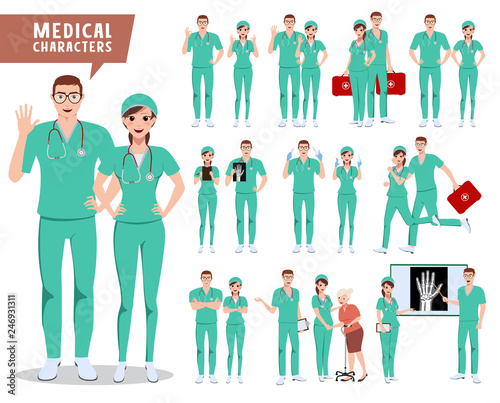 Medical surgeon vector character set. Doctor, nurse and hospital workers with various poses holding medical tools for presentation. Vector illustration.