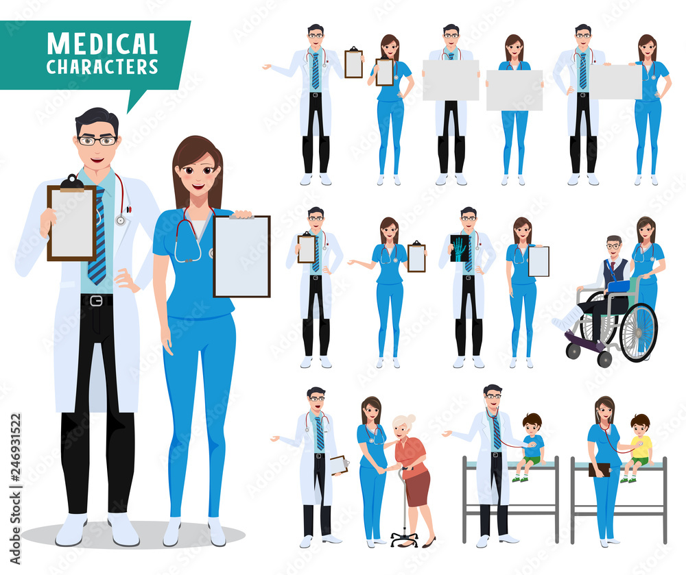 Medical and health care vector character set. Doctor, nurse and pediatrician characters holding empty white board with patients isolated in white. Vector illustration.